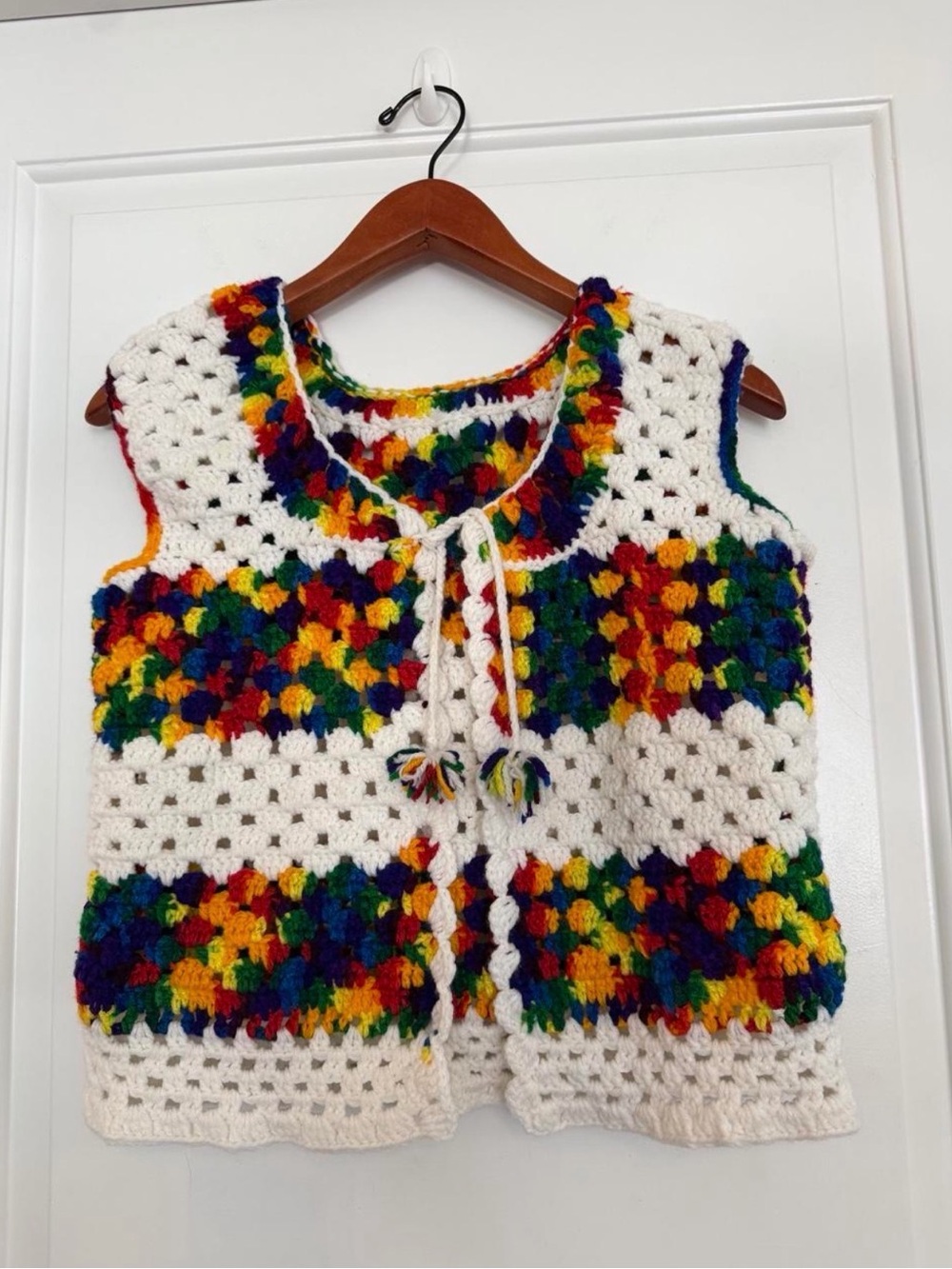 Handmade Crochet Rainbow White Vest Pompom Tassel Boho Grannycore Artsy